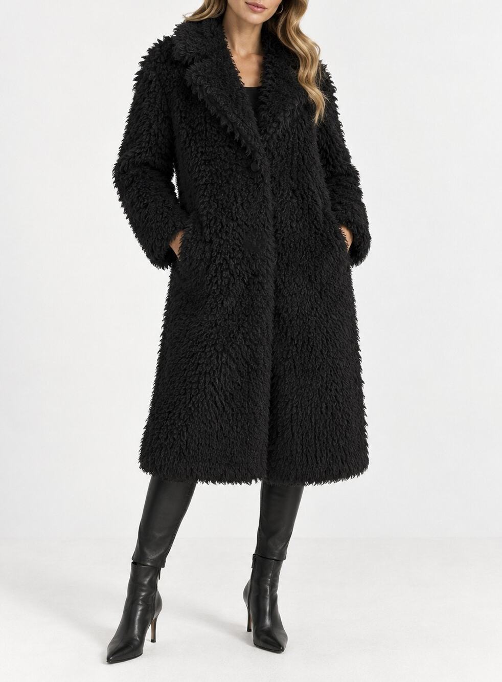 Ainea Italy Black Shaggy Faux Fur Teddy Long Coat Jacket IT 40
